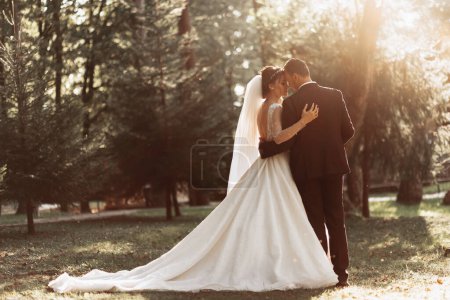 Téléchargez les photos : Romantique conte de fées couple nouvellement marié câlin et baiser dans la forêt au coucher du soleil - en image libre de droit