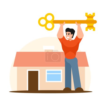 Illustration for Man holding key to his house. Vector illustration in flat style. - Royalty Free Image