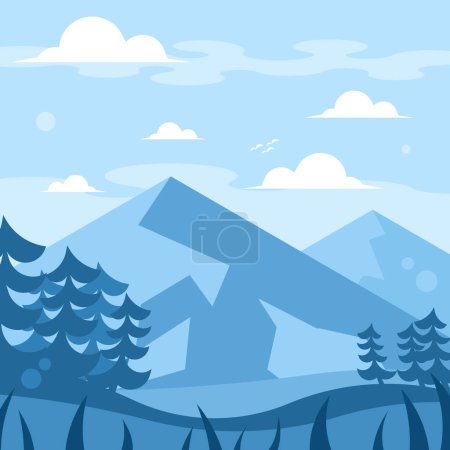 Mountain landscape with pine trees and blue sky. Vector illustration.