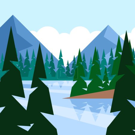 Winter landscape with forest and lake. Vector illustration in flat style.