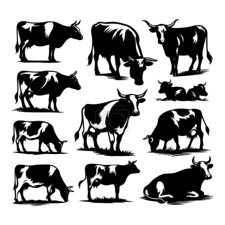Téléchargez les illustrations : Ensemble de silhouettes de vaches isolées sur fond blanc, Illustration vectorielle. - en licence libre de droit