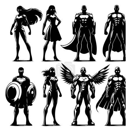 Ensemble de superhéros en silhouette. Illustration vectorielle isolée