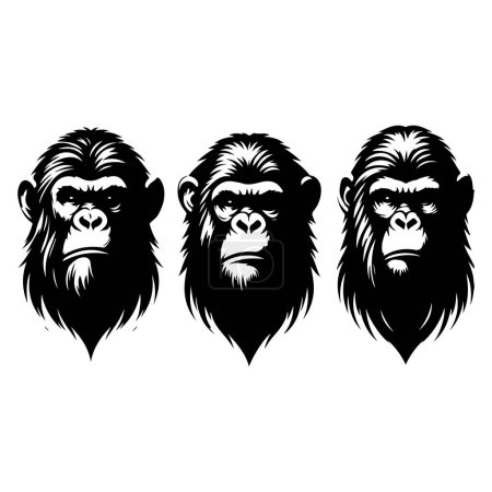 Silhouette set of ape animal head. Vector isolated illustration