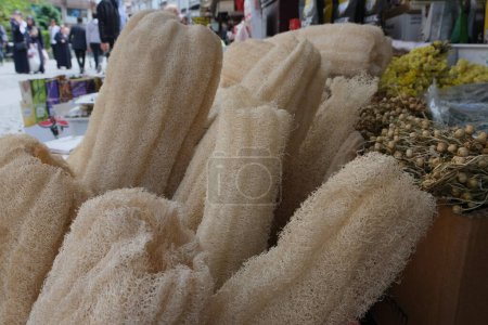 Photo for Luffa Loofah, vegetable sponges extracted from the Luffa plant at a bazaar. Eco friendly loofahs sponges. Sustainable lifestyle, plastic-free, zero waste and eco-friendly concept photo idea. - Royalty Free Image