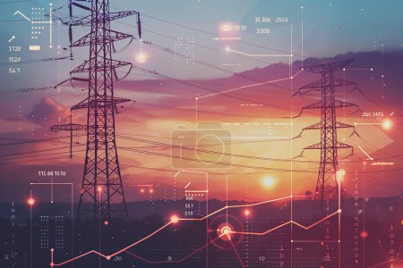 Photo for A electricity power line supply large electrice towers wires against backdrop of sunset. - Royalty Free Image
