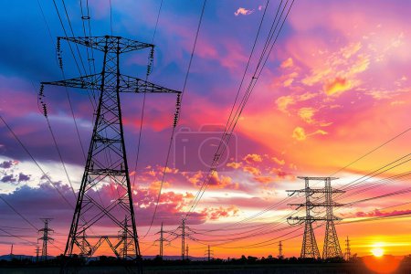 Foto de Una línea eléctrica de suministro de electricidad grandes torres eléctricas cables contra el telón de fondo de la puesta del sol. - Imagen libre de derechos