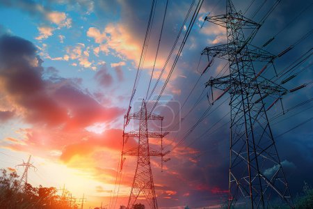 Téléchargez les photos : Une ligne électrique alimente de grandes tours électrices de fils dans un contexte de coucher de soleil. - en image libre de droit