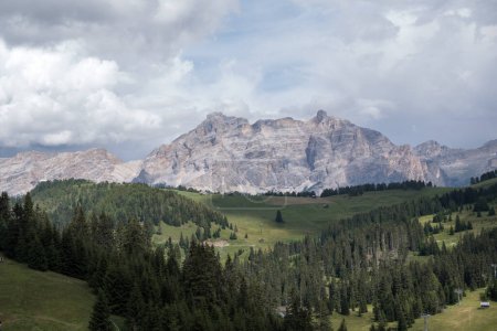 Corvara - August: Beautiful Panorama of Sasso della Croce group in the Dolomites Mountains from Corvara. Italy