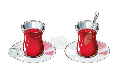 Téléchargez les illustrations : Collection de thé, tasse de thé en verre, thé vert rouge noir - en licence libre de droit