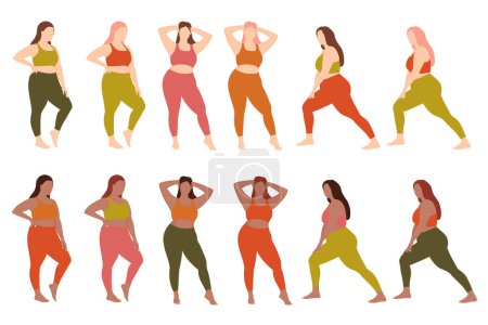 Body Positive concept. Fat Women Doing Fitness. Fat Girl Doing Fitness. Plus size women practice sports. Pilates concept