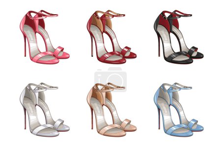 Téléchargez les illustrations : Mode Femmes chaussures, Sandales à talons hauts, Chaussures de luxe. Collection de chaussures. Mode Blog Design Concept - en licence libre de droit