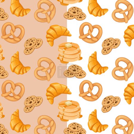 Téléchargez les illustrations : Boulangerie motif sans couture avec bretzel croissant crêpes biscuits fond de boulangerie - en licence libre de droit