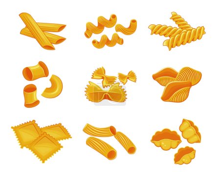 Illustration pour Différents types de pâtes italiennes isolées sur fond blanc - image libre de droit