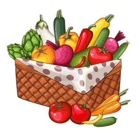 Téléchargez les illustrations : Panier à provisions avec légumes frais Illustration, Mélange de légumes - en licence libre de droit