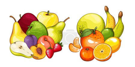 Téléchargez les illustrations : Fruit mix illustration vectorielle isolée. Fruits illustrations colorées isolées sur fond blanc. Collecte de fruits. - en licence libre de droit