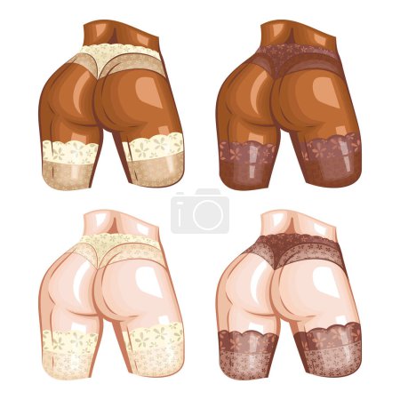 Illustration for Sexy woman body wearing bikini and lace stockings back view. Women's sexy underwear. HAND DRAWN vector. Stockings and bikinis on athletic body. Lingerie Model Close up sexy female ass in bikini - Royalty Free Image