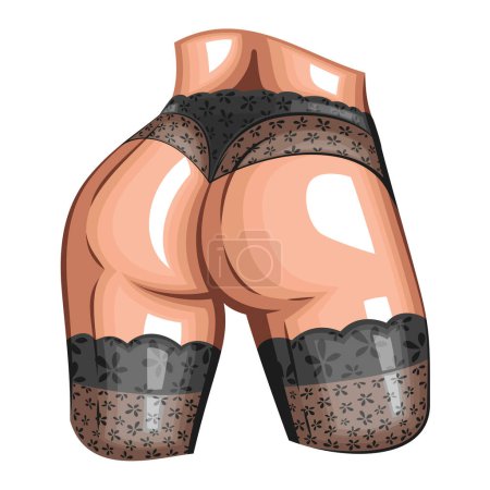 Sexy woman body wearing bikini and lace stockings back view. Women's sexy underwear. HAND DRAWN vector. Stockings and bikinis on athletic body. Lingerie Model Close up sexy female ass in bikini