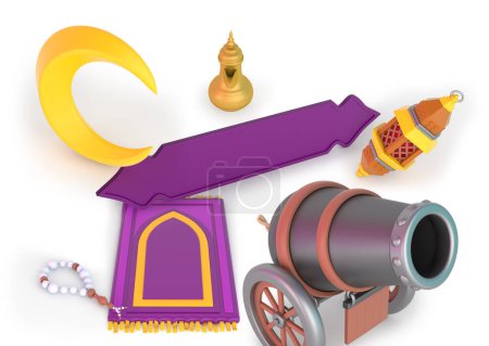 Photo for Ramadan Frame With Prayer Rug and Cannon Perspective Side In White Background - Royalty Free Image