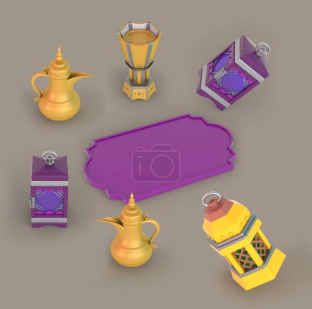 Photo for Ramadan Frame and Lanterns with Coffee Pots - Royalty Free Image