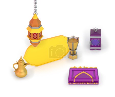 Photo for Ramadan Coffee Pot and Frame with Lanterns In White Background - Royalty Free Image