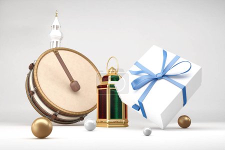 Foto de Caja de regalo Ramadán con tambor frontal en fondo blanco - Imagen libre de derechos