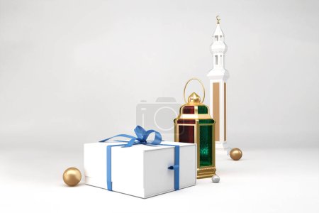 Foto de Caja de regalo Ramadán con linterna frontal en fondo blanco - Imagen libre de derechos