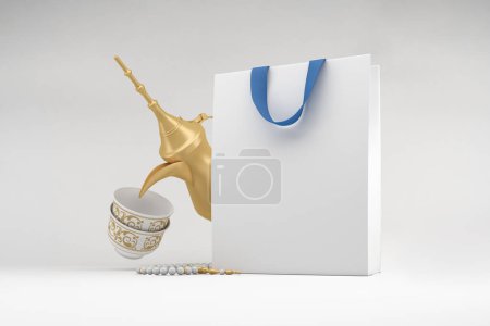 Photo for Eid Shopping Bags with Coffee Perspective View In White Background - Royalty Free Image