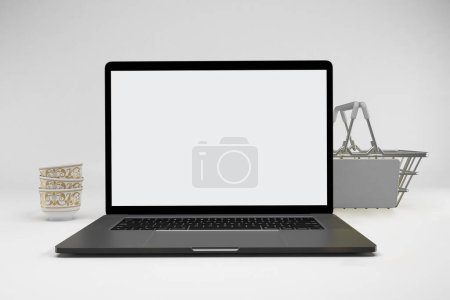 Photo for Eid Shopping Basket and Laptop Front Side In White Background - Royalty Free Image