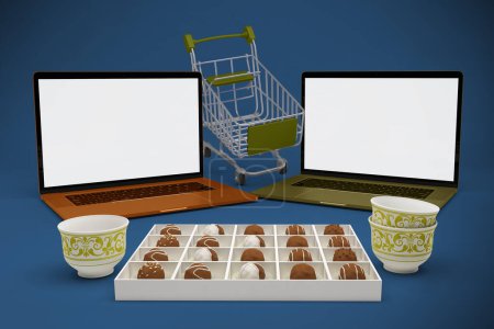 Photo for Eid Shopping Trolley and Laptops Perspective Side - Royalty Free Image