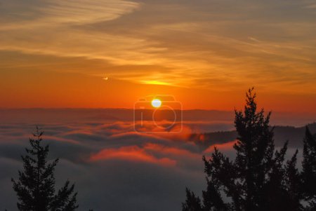 Photo for Orange and golden sunrise over a fog filled valley at the south end of Vancouver Island, BC - Royalty Free Image