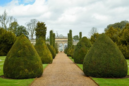 Gran sendero forrado con setos en forma de caja en un jardín formal