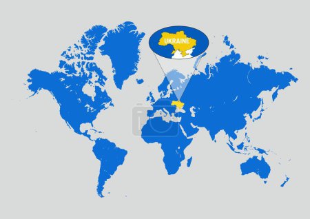 Blue world map with magnifying on ukraine. Ukraine flag colors