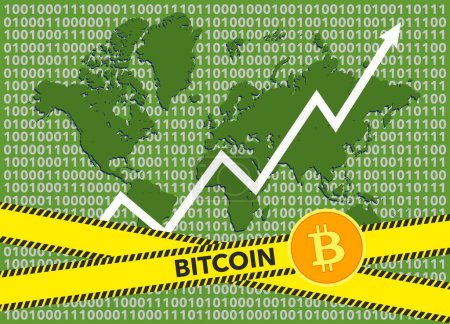 Illustration pour Bitcoin cote indice monter sur le marché des changes. Flèche blanche. Le taux de Bitcoin est en croissance sur le fond de la carte du monde - image libre de droit