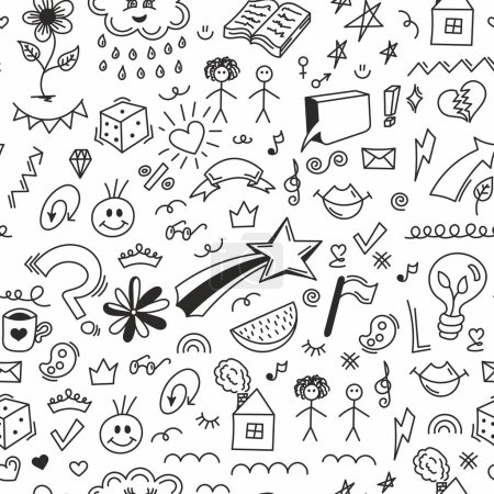 Ilustración de Patrón sin costuras Doodle en blanco y negro repetido con mini dibujos de garabatos iconos. La ilustración está en modo vectorial - Imagen libre de derechos