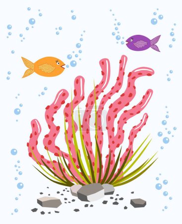 Pink seaweed. Two fishes and stones. Vector graphics. Underwater life