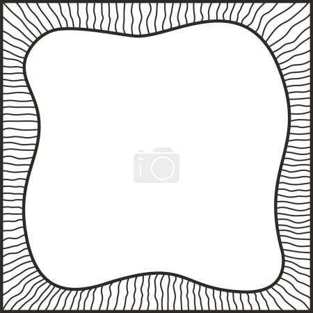 Kühne Wellenlinien bilden einen quadratischen Rahmen. Dekorative und schlangenartige Bordüre, die aus vielen Linien besteht. Vereinzelte Schwarz-Weiß-Illustration, auf weißem Hintergrund. Vektor