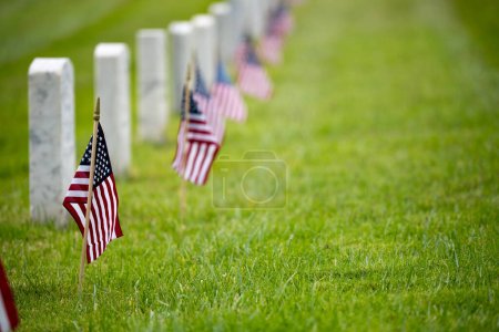 Foto de Una fila de Una fila de banderas y lápidas estadounidenses en un cementerio nacional - Banderas del Día de los Caídos y lápidas en un cementerio nacional - Día de los Caídos. Foto de alta calidad - Imagen libre de derechos
