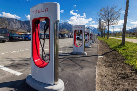 Photo for Tesla Superchargers on a parking lot, - Royalty Free Image