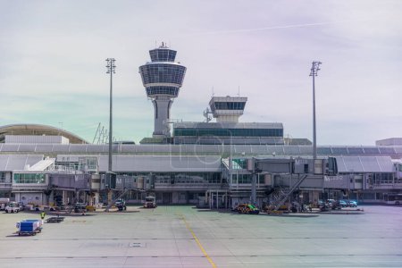Photo for Munich international airport control tower and terminal modern buildings - Royalty Free Image