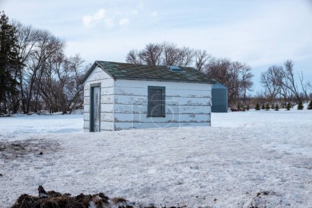Photo for Dilapidated building on farmstead in north dakota in winter with blue skies - Royalty Free Image