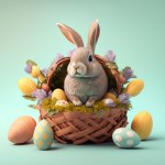 Easter concept with bunny, basket of eggs and flowers. isolated on white background, copy space.