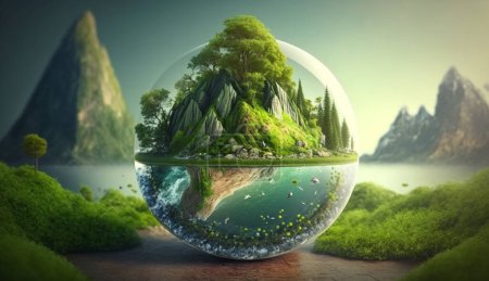 Glass with ball with the trees and mountain inside on it