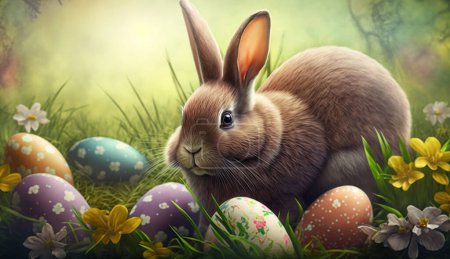 Photo for Easter, holidays and happy new year concept-a little fluffy rabbit and a hare with flowers - Royalty Free Image