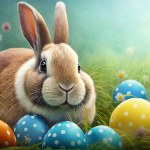 Colorful cute easter bunny with eggs and rabbit on green meadow, closeup