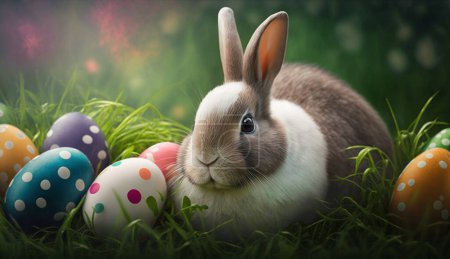 Photo for Easter bunny and eggs in the basket on a green grass background - Royalty Free Image