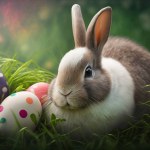 Easter bunny and eggs in the basket on a green grass background
