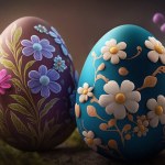 easter eggs in a basket on a green background