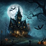 halloween background with spooky pumpkins and moon, vector illustration eps10