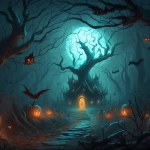 halloween background. happy spooky pumpkins with leaves, bats and tree branches.