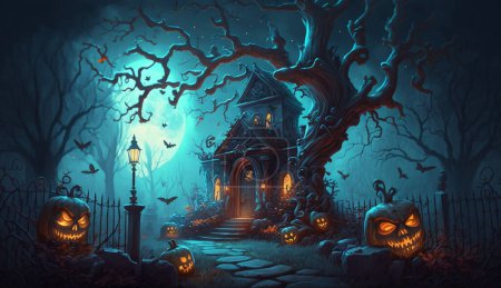Halloween background with pumpkins, lanterns and lantern